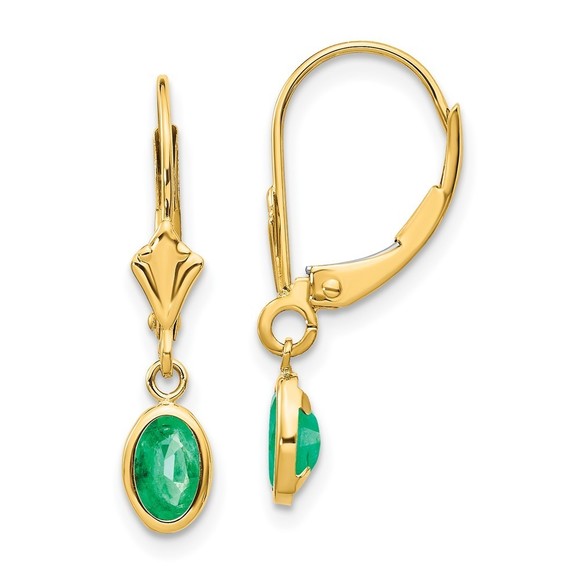 14k Yellow Gold 6x4 Oval Bezel May/Green Emerald Leverback Earrings